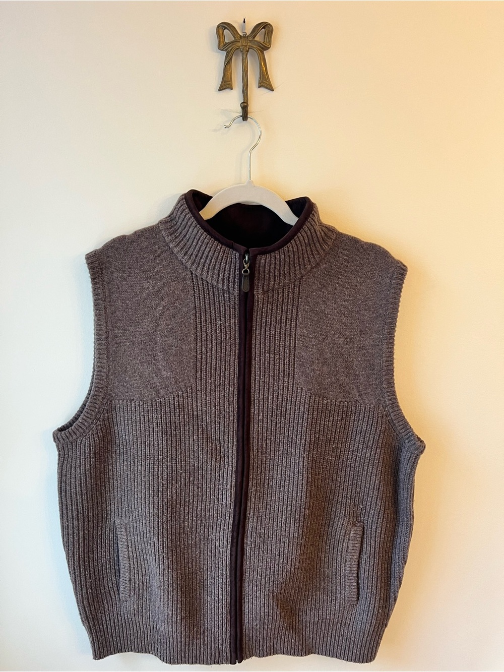 LL Bean Waterfowl Sweater Vest Mens Merino Wool Brown Ribbed Knit Grandpacore L